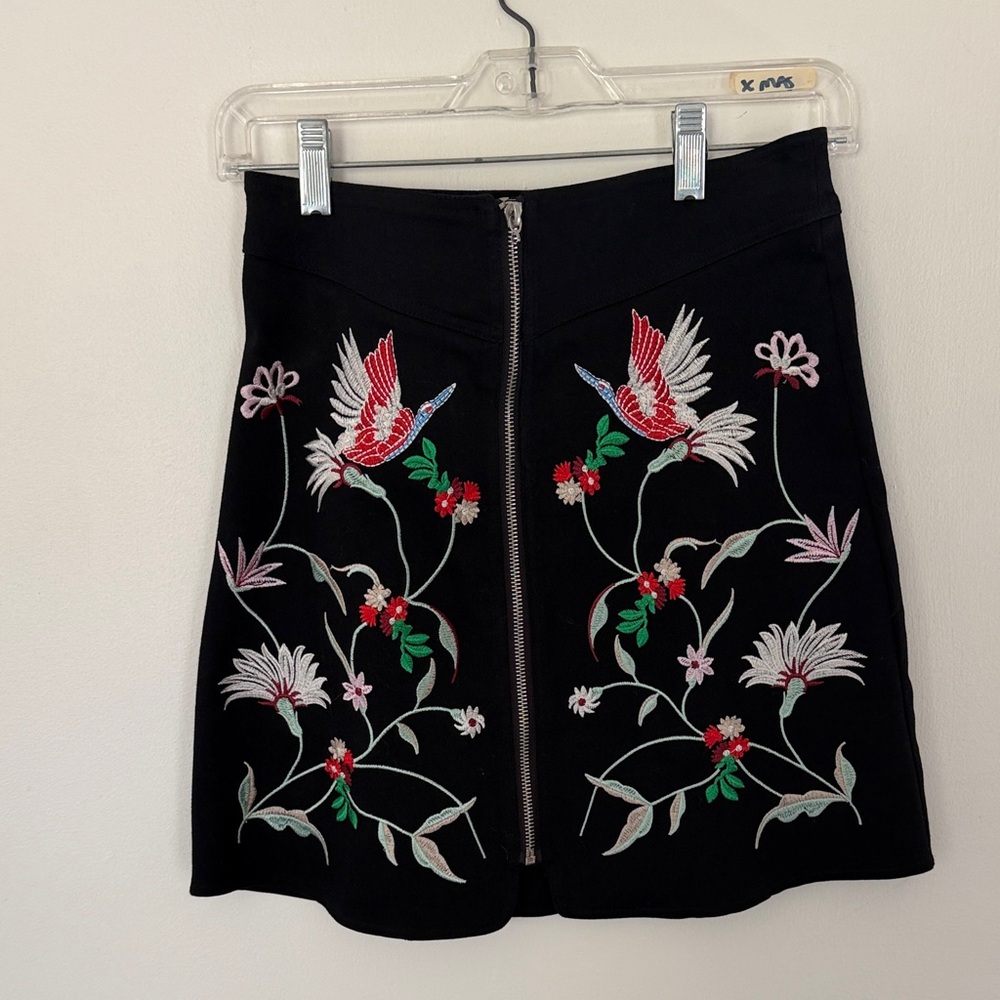 Embroidered Black A-Line Skirt with Bird Motif